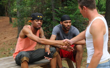 Sexy boys Dee Truth, J. R. and Mister Buck sucking and screwing each other outdoor