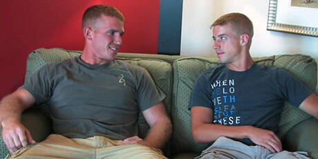 Hunky guy Drew and stud James in cock sucking scene