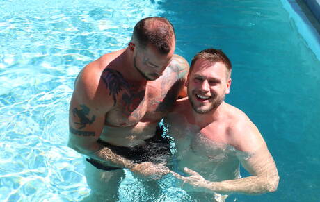 American bodybuilder Sean Duran and german hunk Hans Berlin love each other at the pool