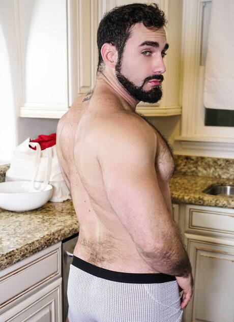 Hot americans, hairy bear Jaxton Wheeler and stud Jake Porter fuck ass after blowjob in kitchen