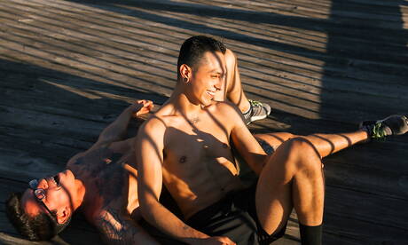 Pretty american guys muscular Clark Davis and beautiful boy Mateo Vice in hot anal sex outdoor