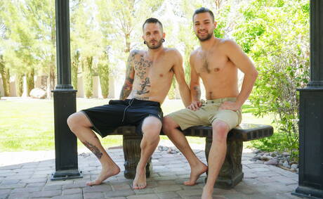 Horny buddies Johnny Rapid, Johnny Hill and Christian Wilde have a hot threesome sex outside