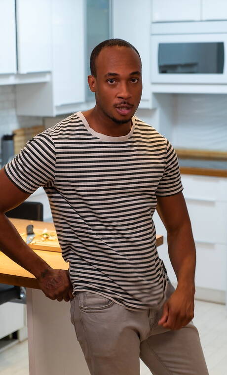 English hairy stud Drew Dixon and black beefcake Trent King fuck after interracial dick sucking in kitchen