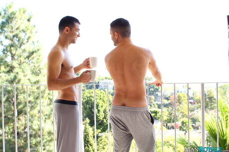 Latin hunky guy Luke Hass and hunky guy Valentine Petrov make a love outdoor