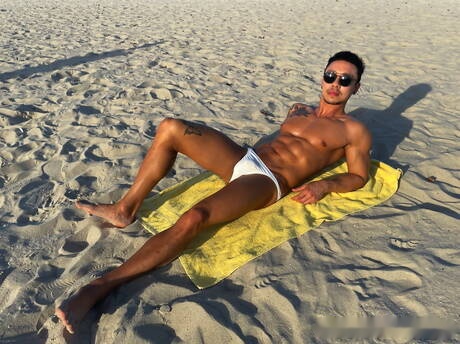 Hot Eduardo Menzorra, Christian Hupper and Travis Yukarin have a hot threesome sex on the beach