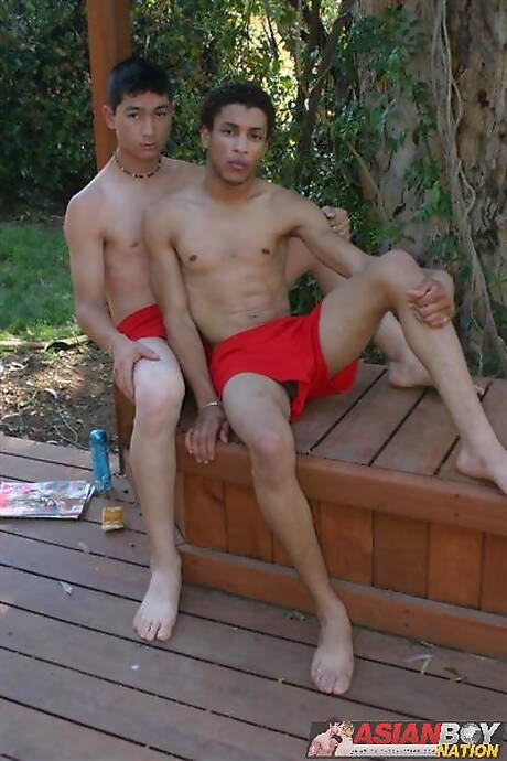 Hot twink Franki Chan and twink Rikki Davis in hot homosexual action outside