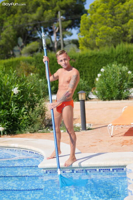 Young David Sky undressing and showing hot ass in the pool